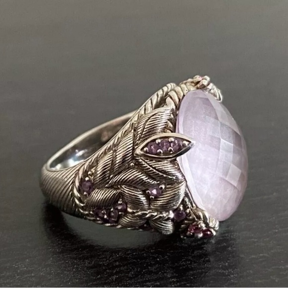 Judith Ripka rose quartz and amethyst sterling fleur-de-lis ring